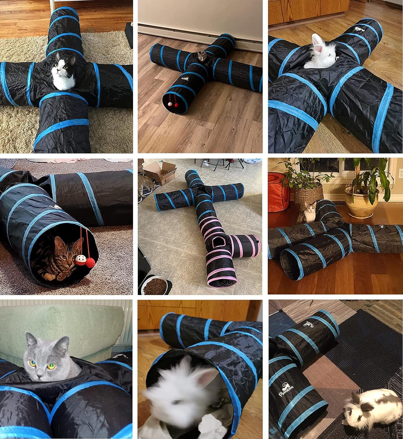 Cat Tunnel, Premium 4 Way Tunnels Extensible Collapsible Cat Play Tunnel Toy Maze Interactive Tube Toy Cat House with Pompon and Bells for Cat Puppy Kitten Rabbit, Black & Light Blue