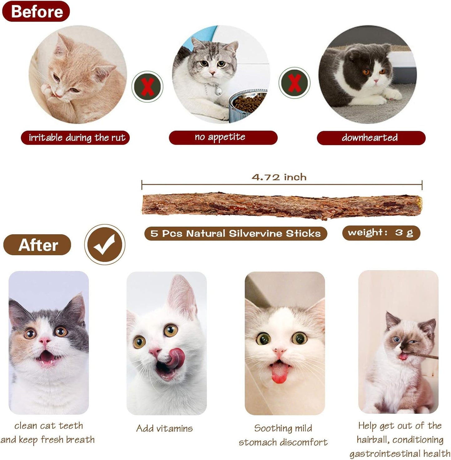 Natural Wood Cat Teaser Wand Toy, 3Pcs 16 Inch, Catnip Sticks for Teeth Cleaning, Indoor Cat Exerciser