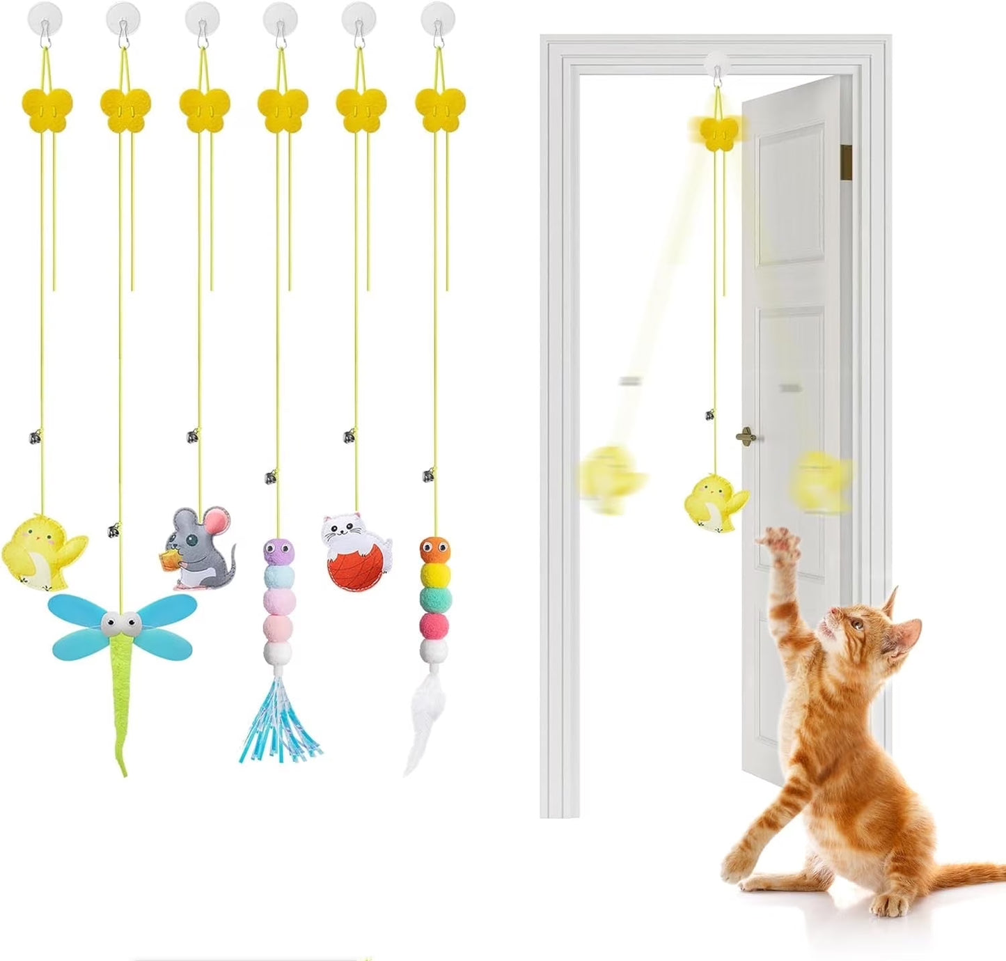6 Pack Retractable Cat Toys with Bell, Multicolor Catnip Hanging Toys for Cat, Kitty, Kitten