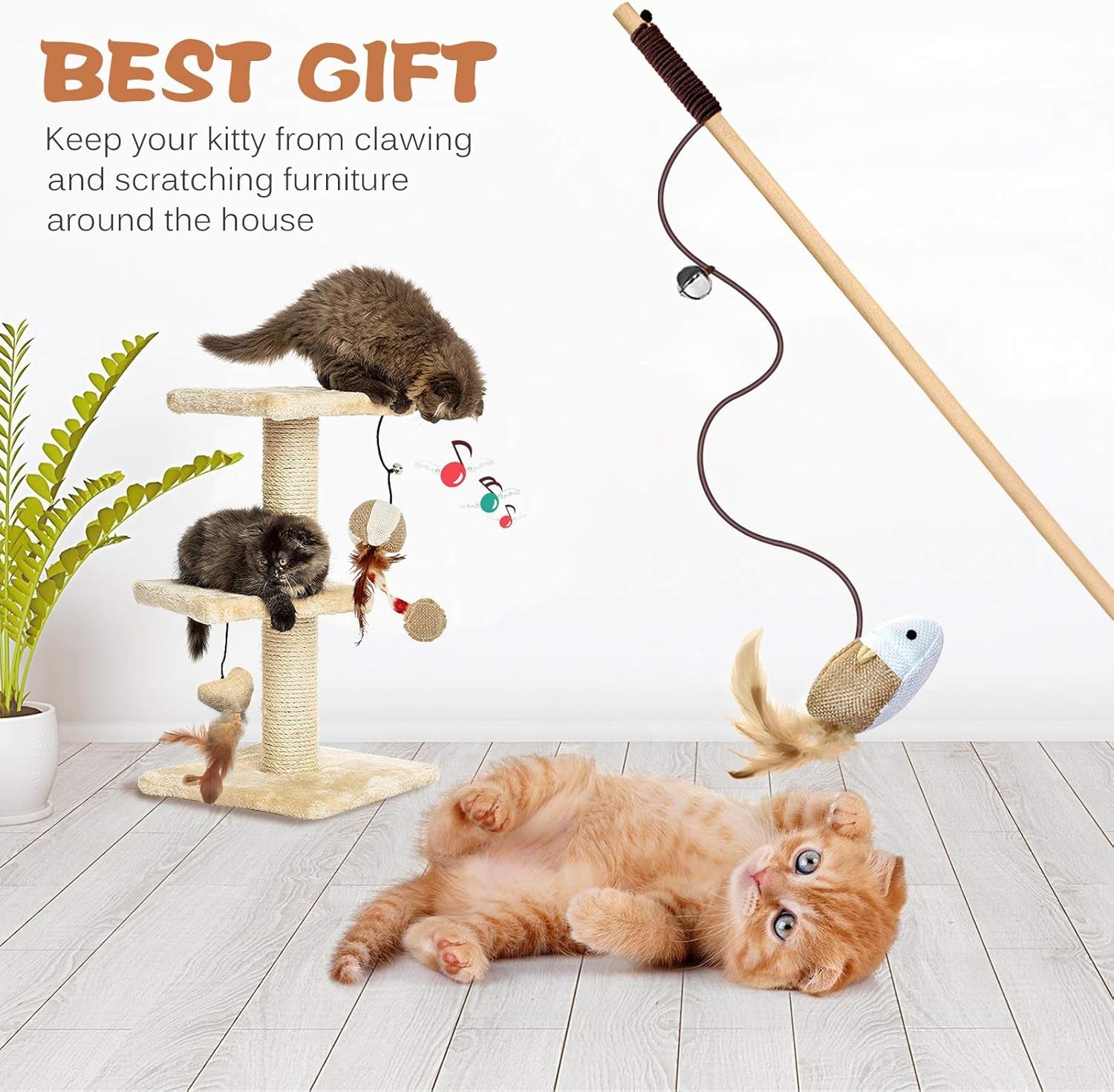 Natural Wood Cat Teaser Wand Toy, 3Pcs 16 Inch, Catnip Sticks for Teeth Cleaning, Indoor Cat Exerciser