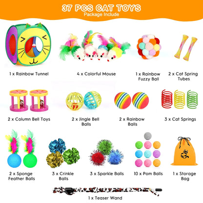 37 PCS Cat Toys, Interactive Kitten Toys for Indoor Kitty, Variety Catnip Toy Set Including Collapsible Cat Tunnel Tube Tent