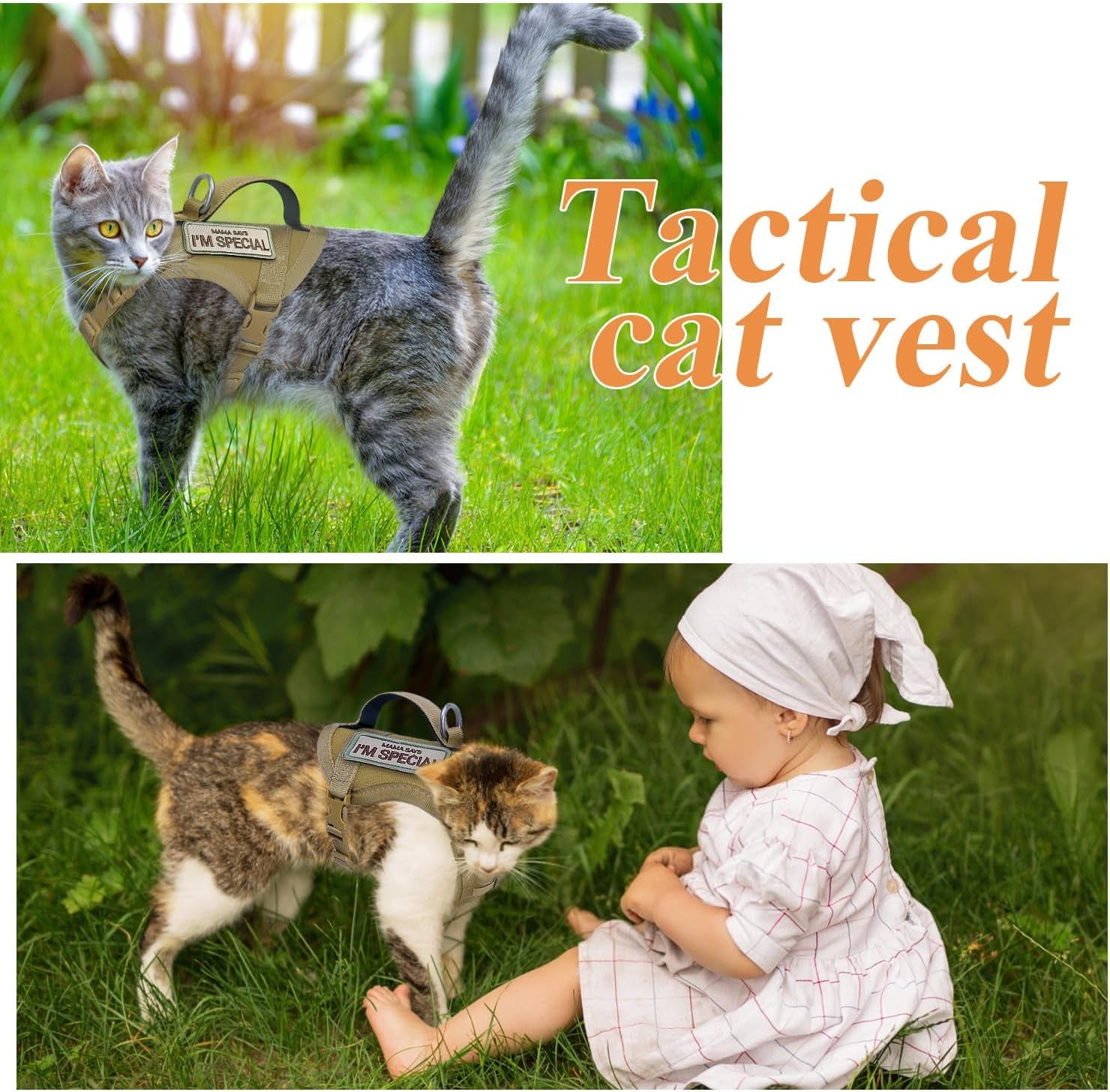 Tactical Cat Harness for Walking Escape Proof, Soft Mesh Adjustable Pet Vest Harness for Large Cat, Small Dog and Khaki…