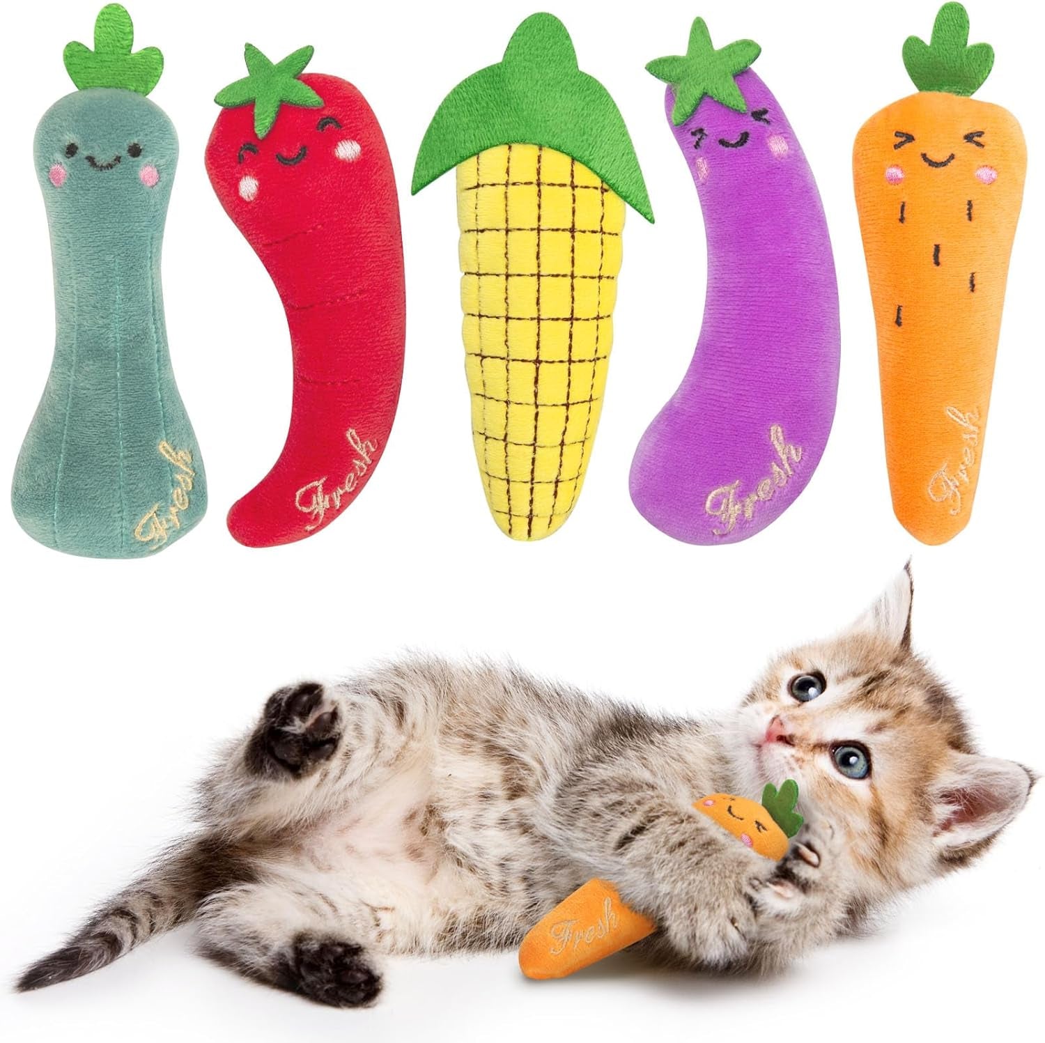 Catnip Cat Toys, Cat Nip Kitten Toy for Indoor Cats Kitty Kicker, Durable Kitten Teething Chew Toys, 5 Pack, Vegetable Shape