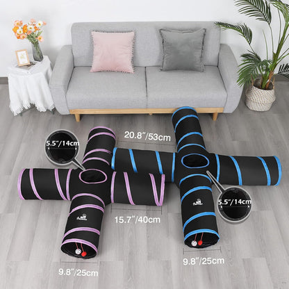 Cat Tunnel, Premium 4 Way Tunnels Extensible Collapsible Cat Play Tunnel Toy Maze Interactive Tube Toy Cat House with Pompon and Bells for Cat Puppy Kitten Rabbit, Black & Light Blue