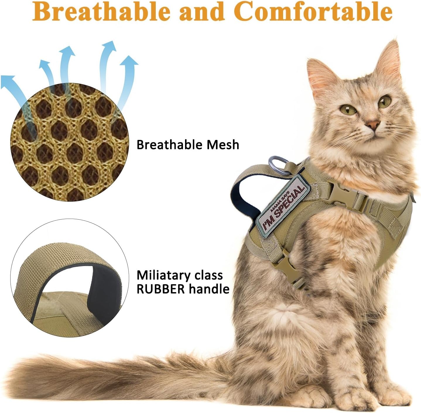Tactical Cat Harness for Walking Escape Proof, Soft Mesh Adjustable Pet Vest Harness for Large Cat, Small Dog and Khaki…
