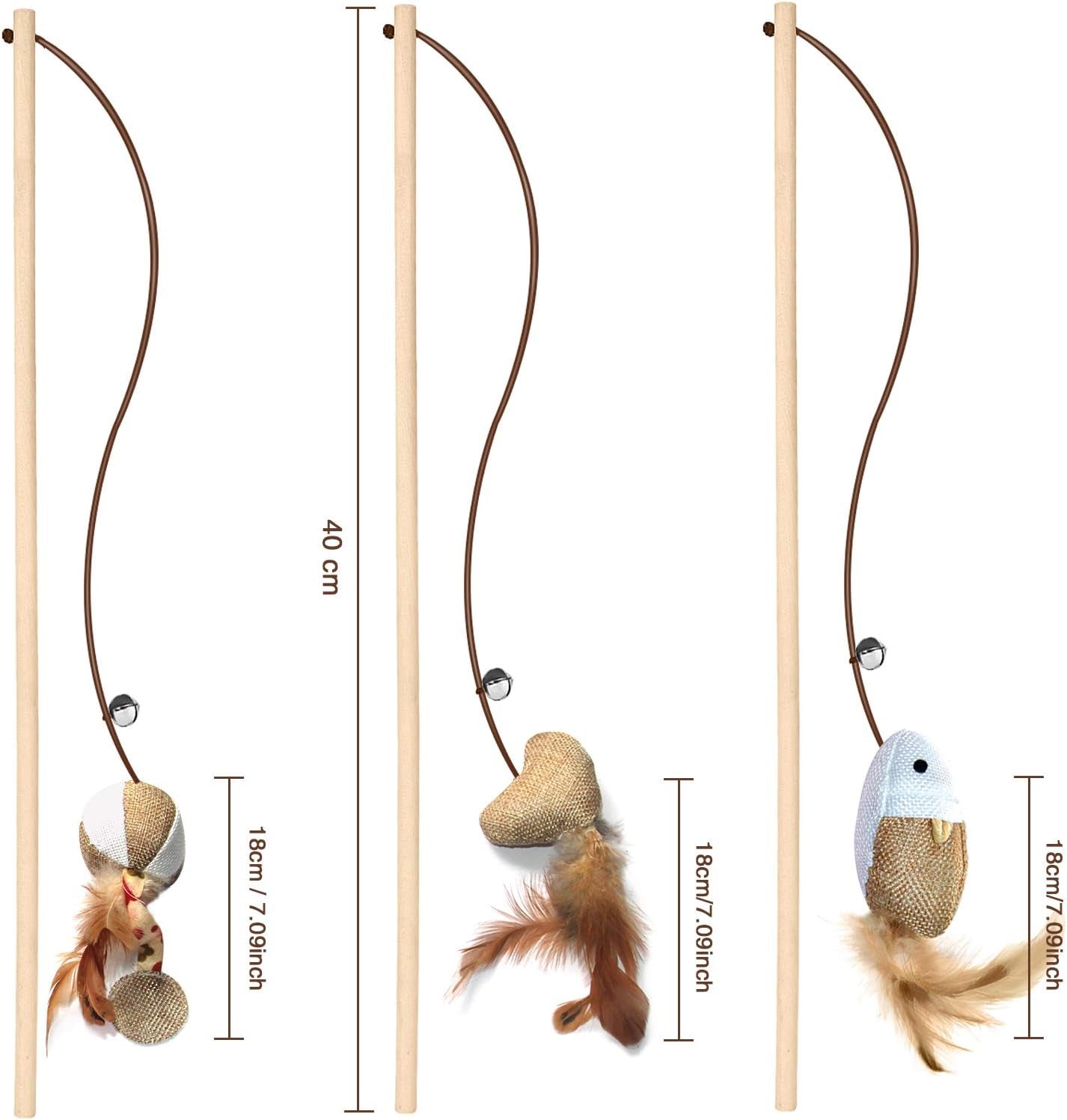 Natural Wood Cat Teaser Wand Toy, 3Pcs 16 Inch, Catnip Sticks for Teeth Cleaning, Indoor Cat Exerciser