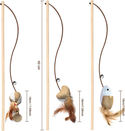 Natural Wood Cat Teaser Wand Toy, 3Pcs 16 Inch, Catnip Sticks for Teeth Cleaning, Indoor Cat Exerciser