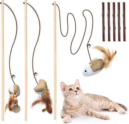 Natural Wood Cat Teaser Wand Toy, 3Pcs 16 Inch, Catnip Sticks for Teeth Cleaning, Indoor Cat Exerciser