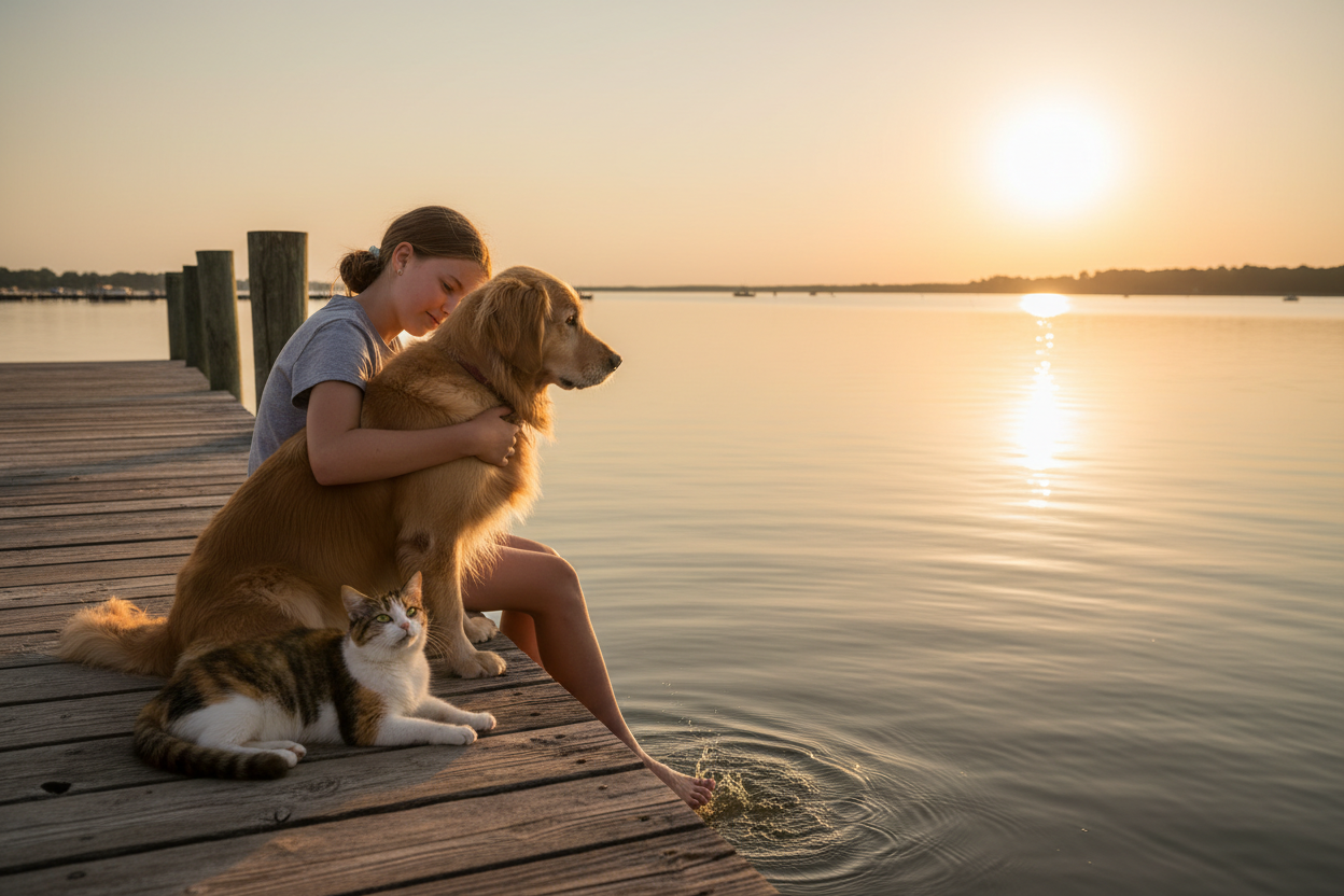 create an image of a 12 year old girl with a dog and a cat on a wooden dock overlooking an estuary of water.  The girl has her right arm around the back of the dog and is leaning slightly into the dog and her bare feet are just touching the water with splashes, she is looking down at the water.  The dog is sitting upright looking out over the water in an alert state.  The cat is laying down on the left side of the girl and looking at the girl.  The time is later in the day about 6:00 pm so the sun is lower 