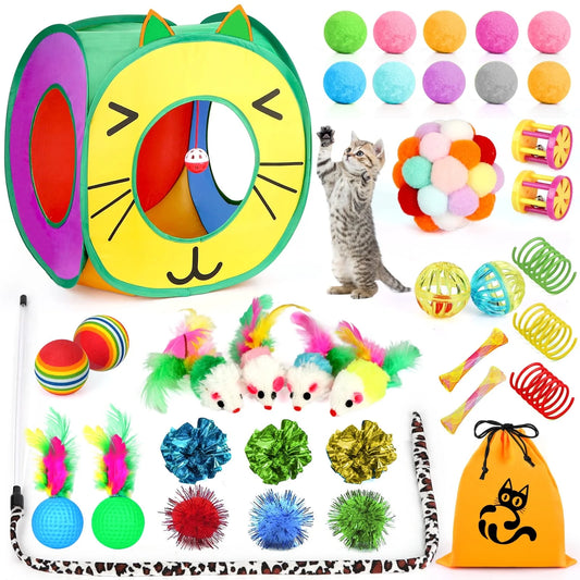 37 PCS Cat Toys, Interactive Kitten Toys for Indoor Kitty, Variety Catnip Toy Set Including Collapsible Cat Tunnel Tube Tent