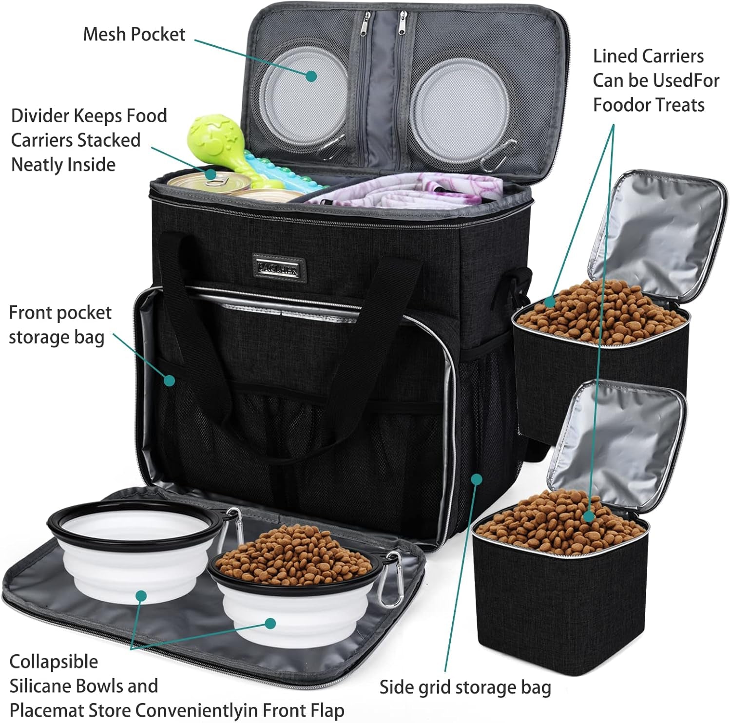 Dog Travel Bag, Pet Travel Bag (All Pet Travel Supplies), with 2 Pet Food Containers and 2 Collapsible Silicone Bowls; Essential Kits for Travel Black