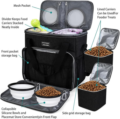 Dog Travel Bag, Pet Travel Bag (All Pet Travel Supplies), with 2 Pet Food Containers and 2 Collapsible Silicone Bowls; Essential Kits for Travel Black