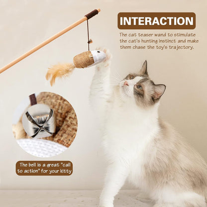 Natural Wood Cat Teaser Wand Toy, 3Pcs 16 Inch, Catnip Sticks for Teeth Cleaning, Indoor Cat Exerciser
