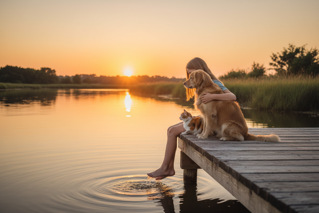 The image should be 16x9. create an image of a 12 year old girl with a dog and a cat on a wooden dock overlooking an estuary of water.  The girl has her right arm around the back of the dog and is leaning slightly into the dog and her bare feet are just touching the water with splashes, she is looking down at the water.  The dog is sitting upright looking out over the water in an alert state.  The cat is laying down on the left side of the girl and looking at the girl.  The time is later in the day about 6: