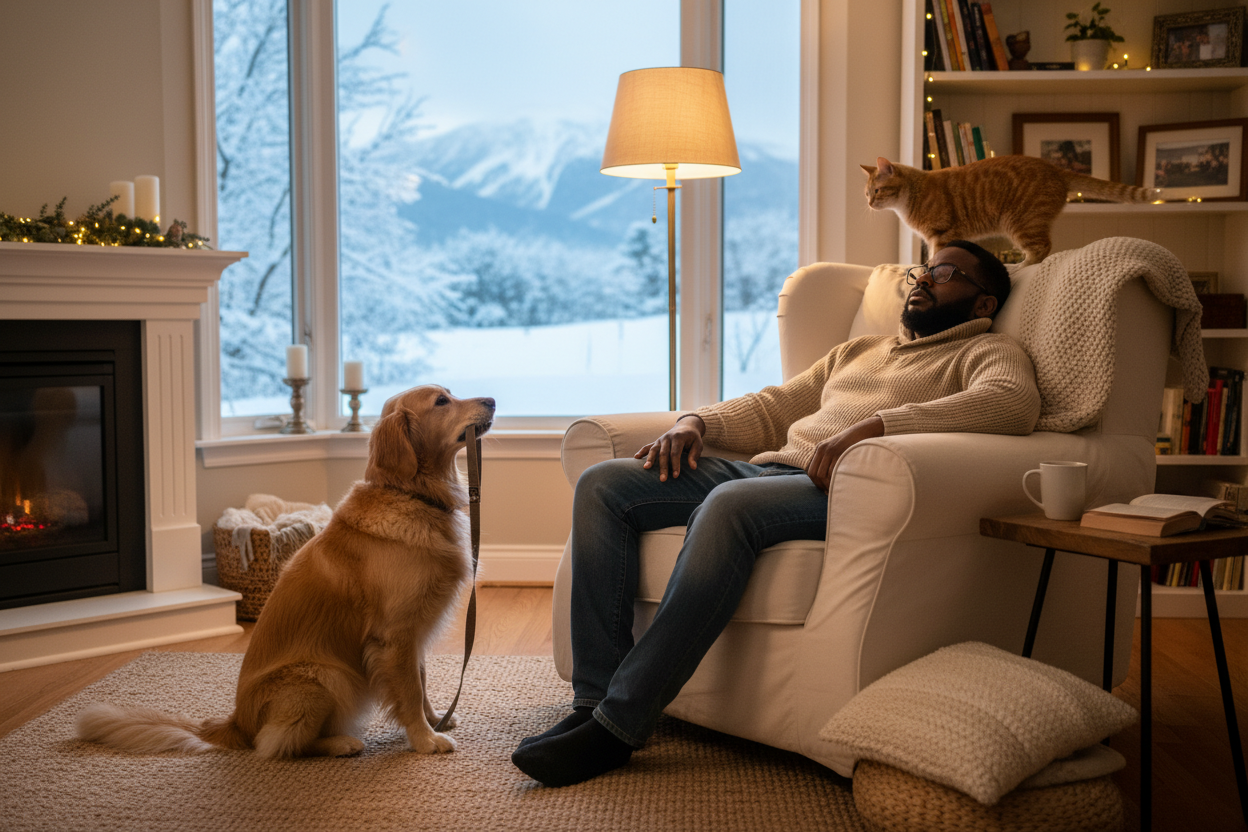 turn the dog head to face the man.  move the camera angle to the right